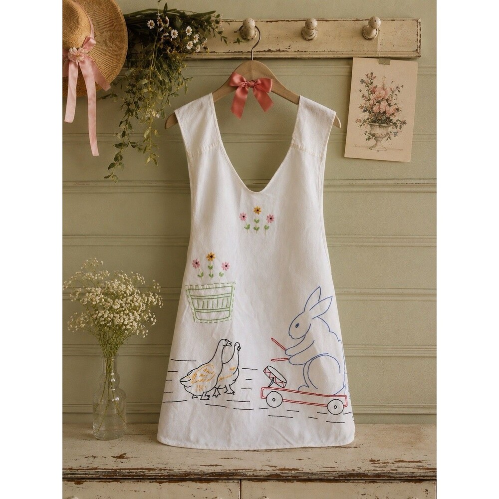 Vintage Hand Embroidered Apron Pinafore Bunny Chickens Flowers Cottagecore